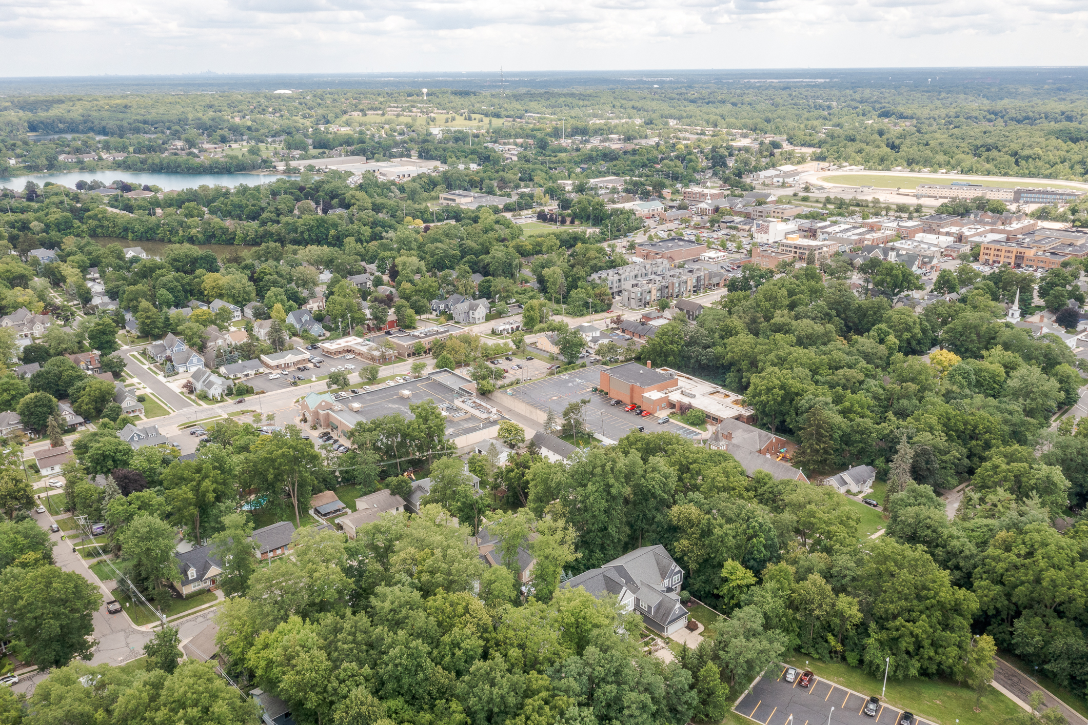 Aerial view over East St in Northville showing homes, mature trees, buildings with parking lots, and a small lake in the background.