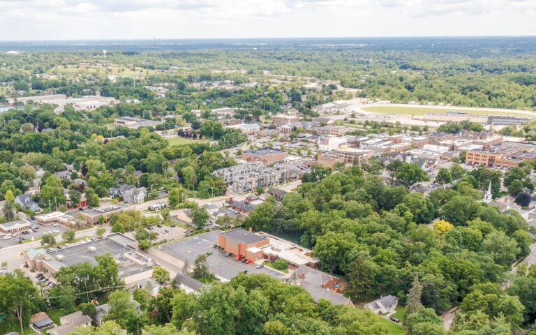 Aerial view over East St in Northville showing homes, mature trees, buildings with parking lots, and a small lake in the background.