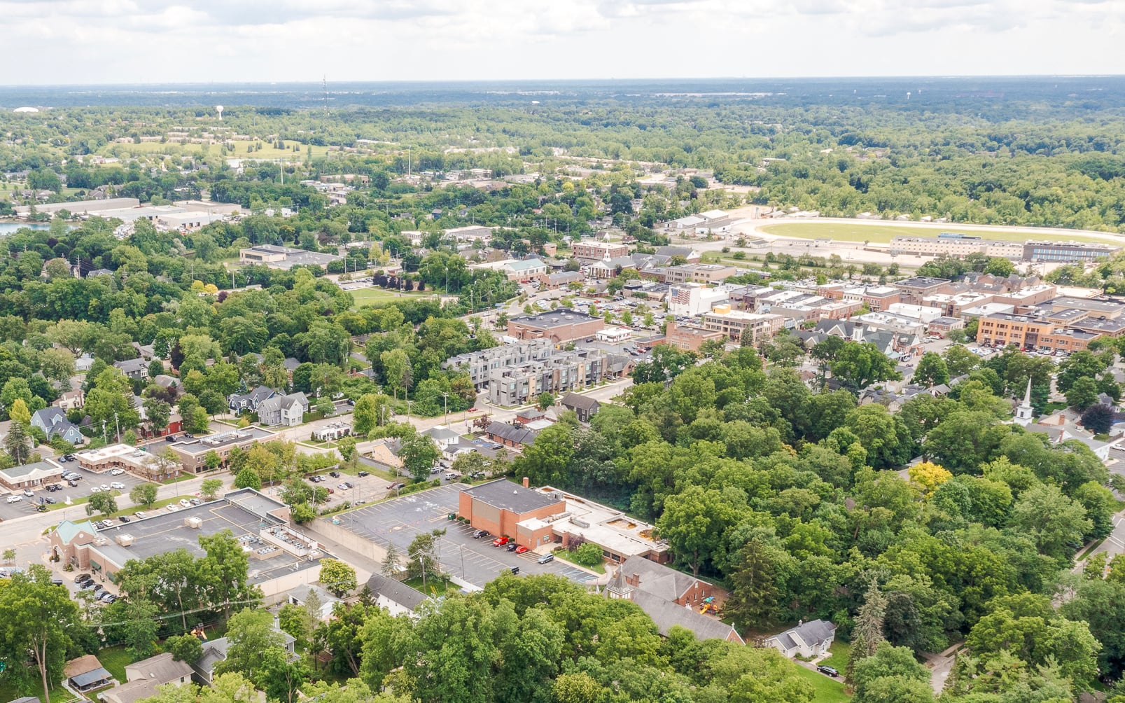 Aerial view over East St in Northville showing homes, mature trees, buildings with parking lots, and a small lake in the background.